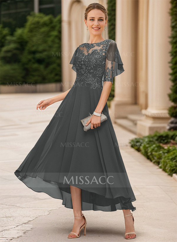 A-Line Illusion Neck Chiffon Mother Of The Bride Dresses With Appliques Lace