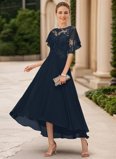 A-Line Illusion Neck Chiffon Mother Of The Bride Dresses With Appliques Lace