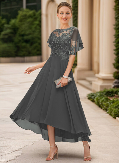 A-Line Illusion Neck Chiffon Mother Of The Bride Dresses With Appliques Lace