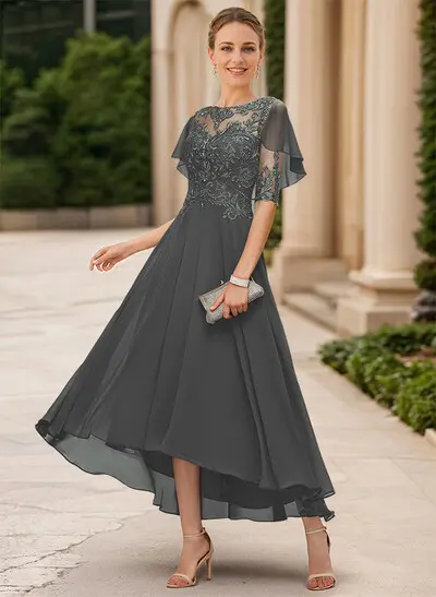 A-Line Illusion Neck Chiffon Mother Of The Bride Dresses With