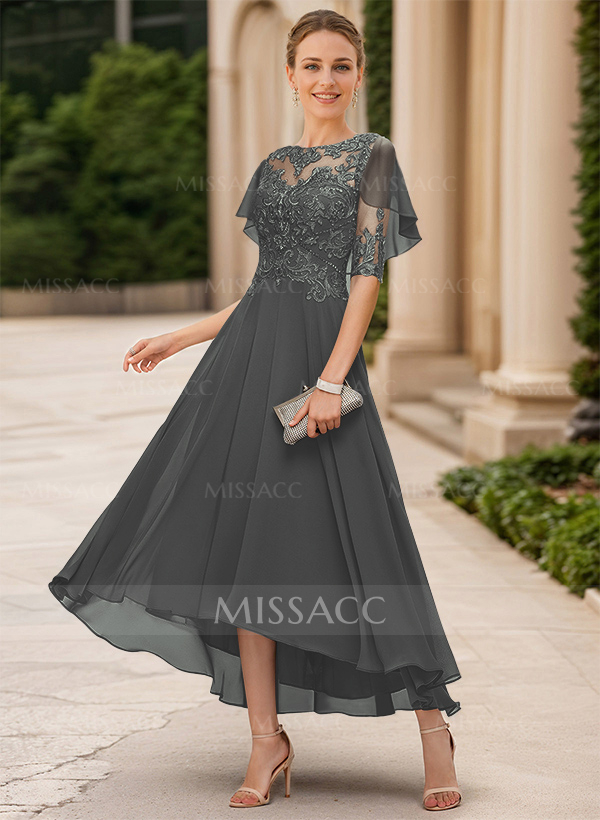 A-Line Illusion Neck Chiffon Mother Of The Bride Dresses With Appliques Lace