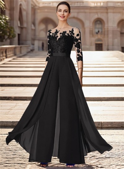 A-Line Illusion Neck Chiffon Mother Of The Bride Dresses With Appliques Lace