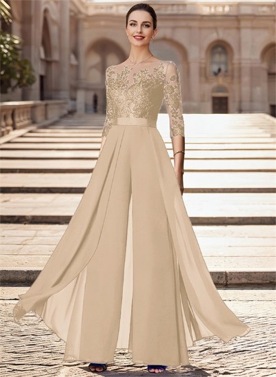 A-Line Illusion Neck Chiffon Mother Of The Bride Dresses With Appliques Lace