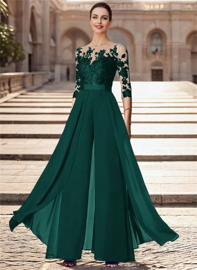 A-Line Illusion Neck Chiffon Mother Of The Bride Dresses With Appliques Lace