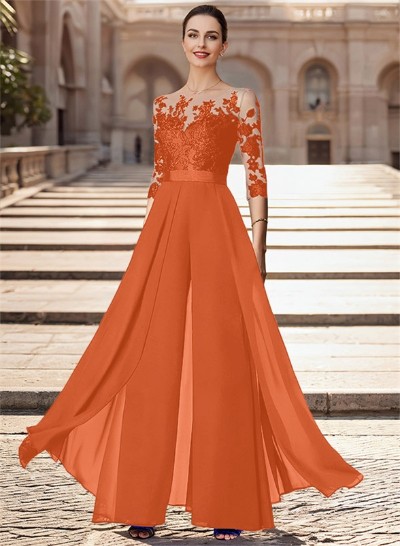 A-Line Illusion Neck Chiffon Mother Of The Bride Dresses With Appliques Lace