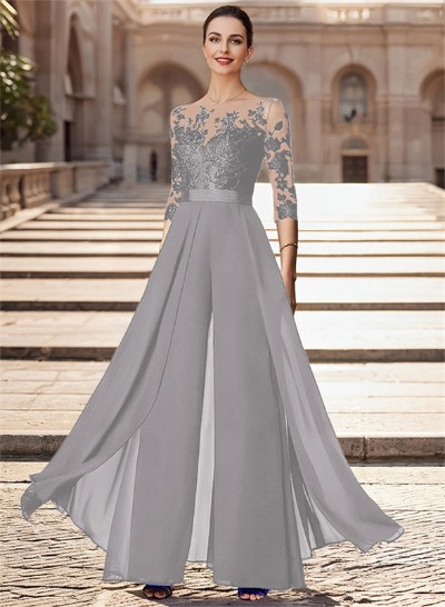 A-Line Illusion Neck Chiffon Mother Of The Bride Dresses With Appliques Lace