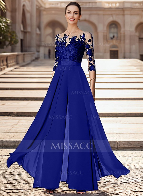 A-Line Illusion Neck Chiffon Mother Of The Bride Dresses With Appliques Lace