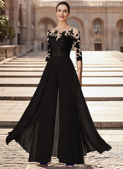 Illusion Neck Detachable Length Chiffon Mother Of The Bride Jumpsuit With Appliques Lace
