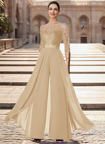 Illusion Neck Detachable Length Chiffon Mother Of The Bride Jumpsuit With Appliques Lace