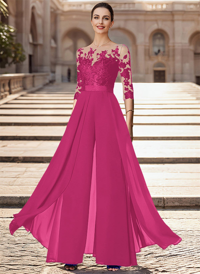 Illusion Neck Detachable Length Chiffon Mother Of The Bride Jumpsuit With Appliques Lace