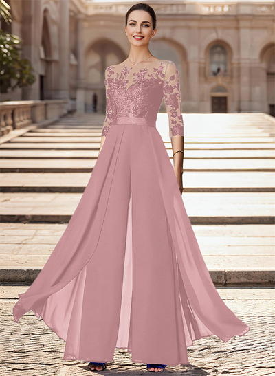 Illusion Neck Detachable Length Chiffon Mother Of The Bride Jumpsuit With Appliques Lace