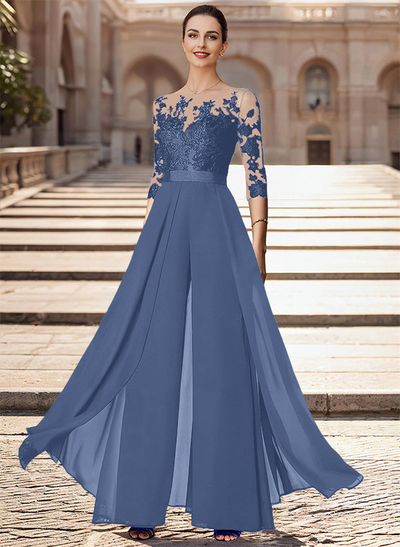Illusion Neck Detachable Length Chiffon Mother Of The Bride Jumpsuit With Appliques Lace