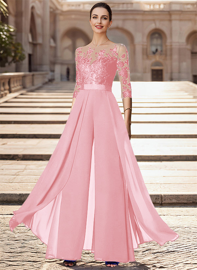 Illusion Neck Detachable Length Chiffon Mother Of The Bride Jumpsuit With Appliques Lace