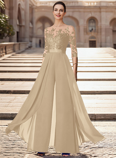 Illusion Neck Detachable Length Chiffon Mother Of The Bride Jumpsuit With Appliques Lace