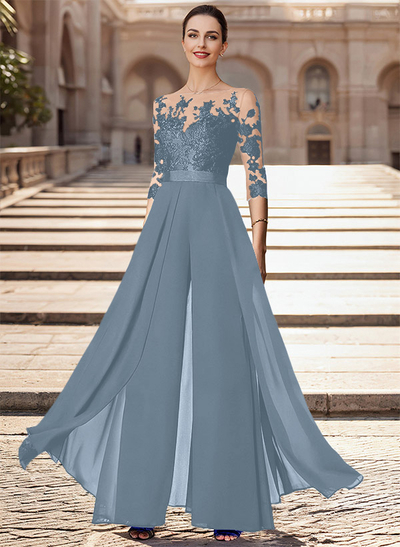 Illusion Neck Detachable Length Chiffon Mother Of The Bride Jumpsuit With Appliques Lace