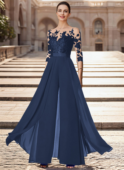 Illusion Neck Detachable Length Chiffon Mother Of The Bride Jumpsuit With Appliques Lace