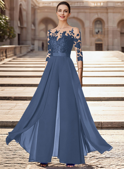 Illusion Neck Detachable Length Chiffon Mother Of The Bride Jumpsuit With Appliques Lace