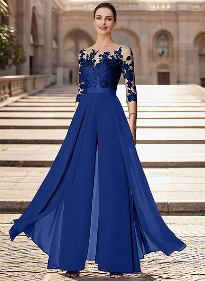 Illusion Neck Detachable Length Chiffon Mother Of The Bride Jumpsuit With Appliques Lace