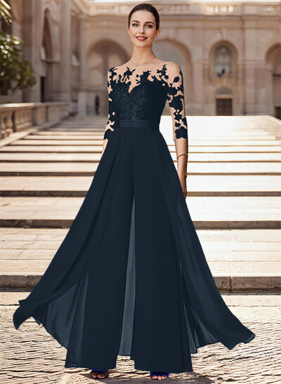 Illusion Neck Detachable Length Chiffon Mother Of The Bride Jumpsuit With Appliques Lace
