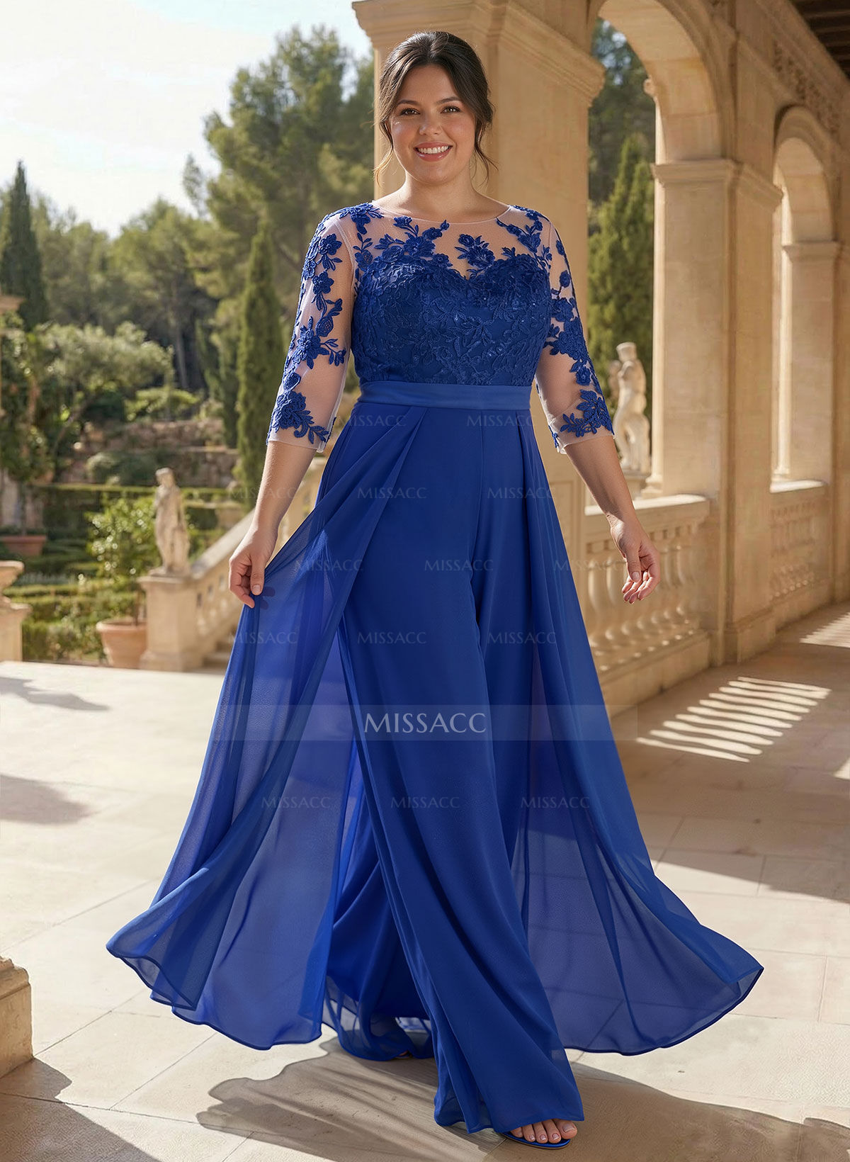 Illusion Neck Detachable Length Chiffon Mother Of The Bride Jumpsuit With Appliques Lace
