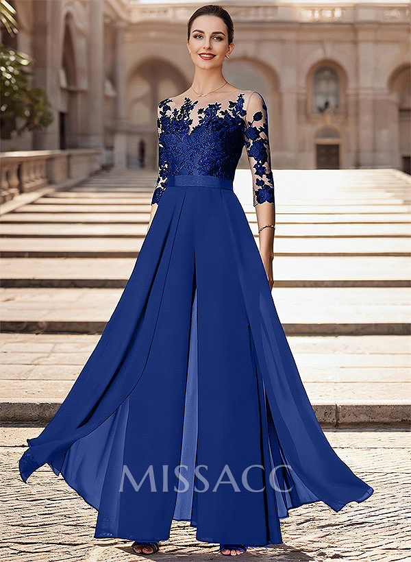 Illusion Neck Detachable Length Chiffon Mother Of The Bride Jumpsuit With Appliques Lace