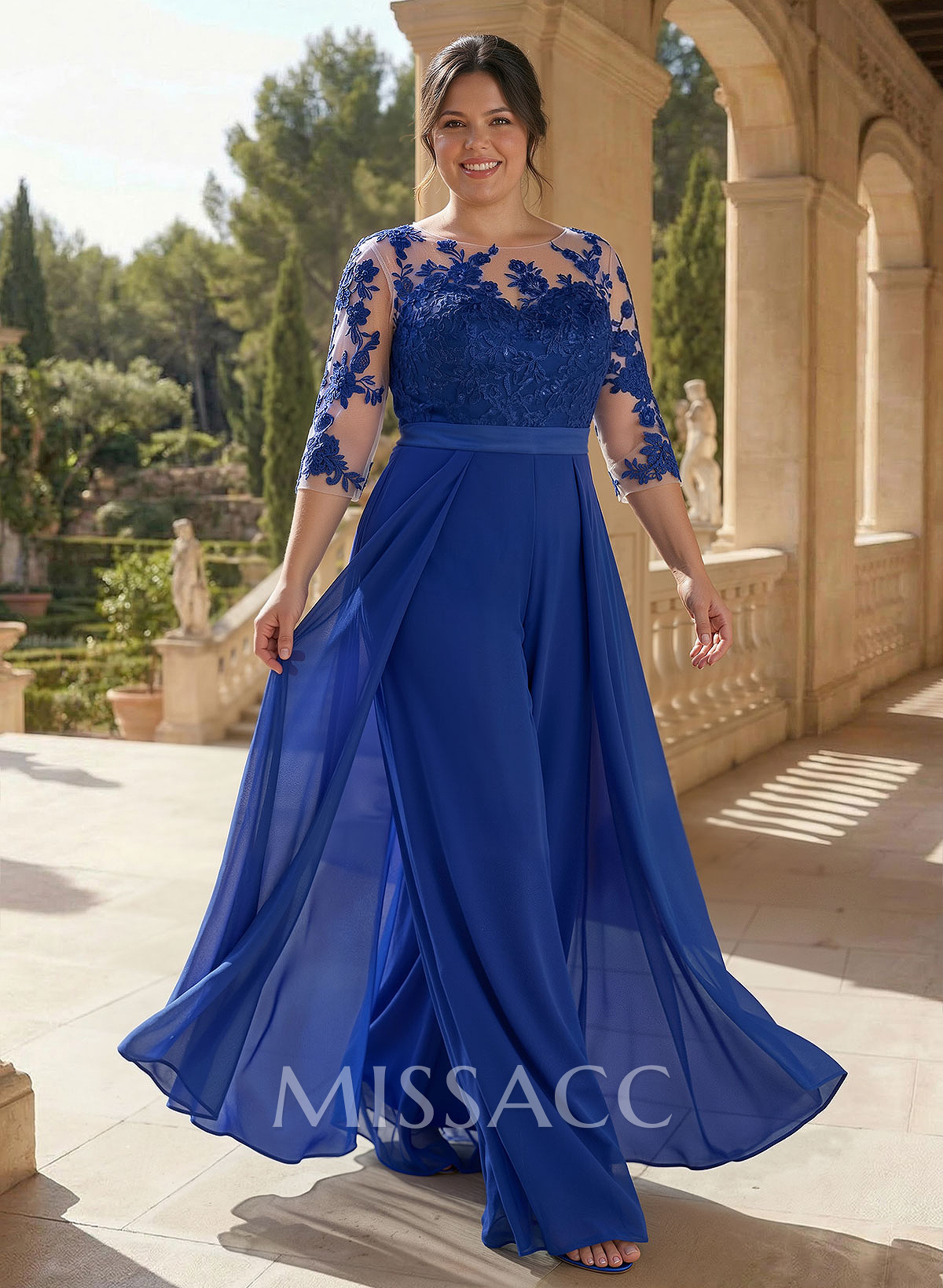 Illusion Neck Detachable Length Chiffon Mother Of The Bride Jumpsuit With Appliques Lace