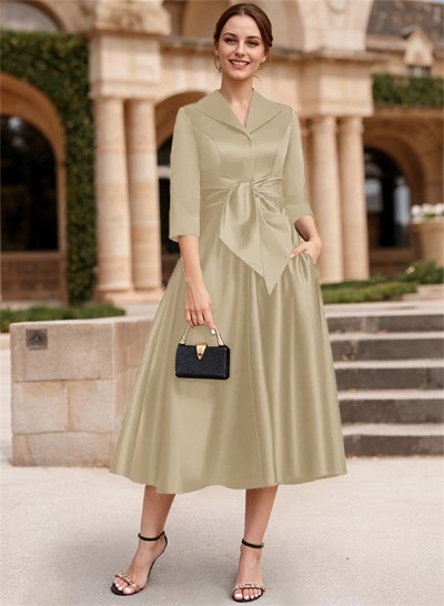 A-Line V-Neck 3/4 Sleeves Satin Mother Of The Bride Dresses With Bow(s)