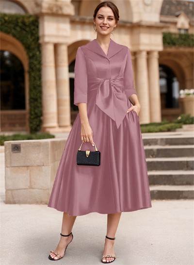 A-Line V-Neck 3/4 Sleeves Satin Mother Of The Bride Dresses With Bow(s)