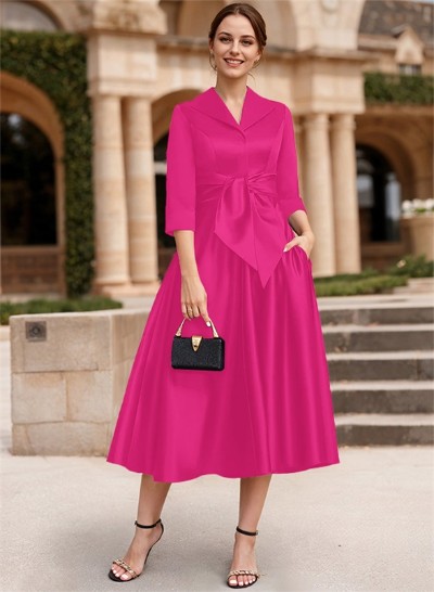 A-Line V-Neck 3/4 Sleeves Satin Mother Of The Bride Dresses With Bow(s)