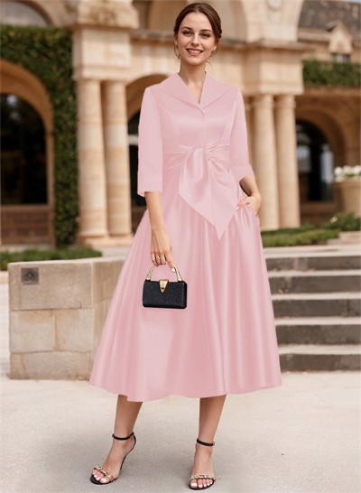 A-Line V-Neck 3/4 Sleeves Satin Mother Of The Bride Dresses With Bow(s)