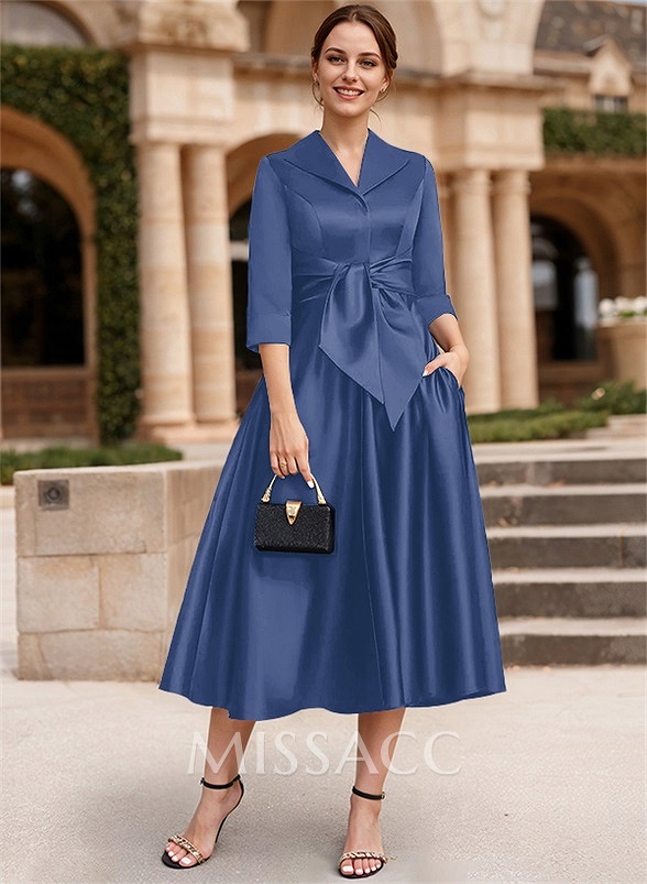 A-Line V-Neck 3/4 Sleeves Satin Mother Of The Bride Dresses With Bow(s) A-Line V-Neck 3/4 Sleeves Satin Mother Of The Bride Dresses With Bow(s)