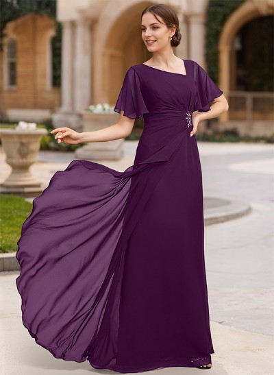 A-Line Short Sleeves Floor-Length Chiffon Mother Of The Bride Dresses