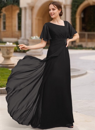 A-Line Short Sleeves Floor-Length Chiffon Mother Of The Bride Dresses