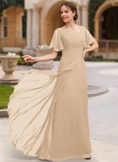 A-Line Short Sleeves Floor-Length Chiffon Mother Of The Bride Dresses