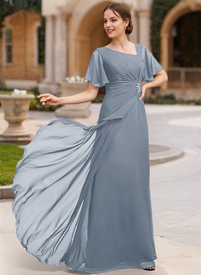 A-Line Short Sleeves Floor-Length Chiffon Mother Of The Bride Dresses