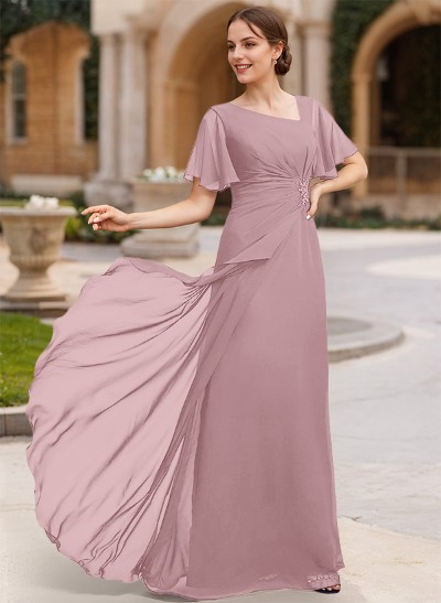 A-Line Short Sleeves Floor-Length Chiffon Mother Of The Bride Dresses