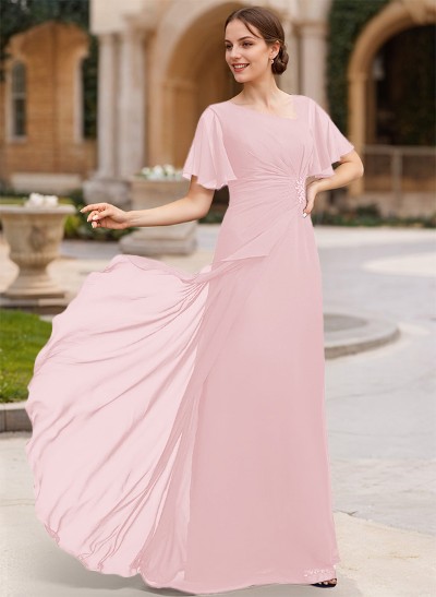 A-Line Short Sleeves Floor-Length Chiffon Mother Of The Bride Dresses