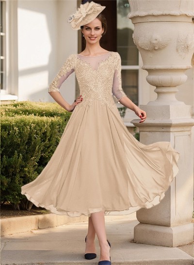 A-Line Illusion Neck Chiffon Mother Of The Bride Dresses With Appliques Lace