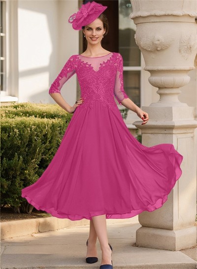 A-Line Illusion Neck Chiffon Mother Of The Bride Dresses With Appliques Lace