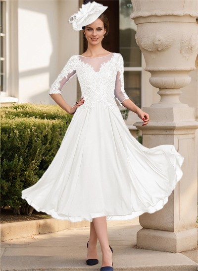 A-Line Illusion Neck Chiffon Mother Of The Bride Dresses With Appliques Lace