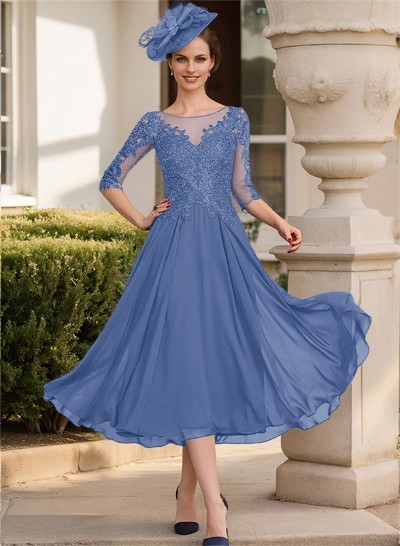 A-Line Illusion Neck Chiffon Mother Of The Bride Dresses With Appliques Lace