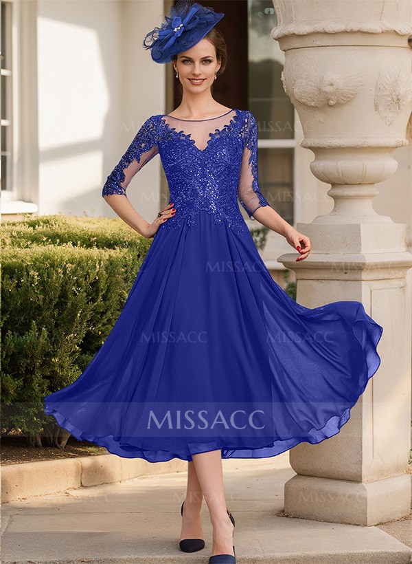 A-Line Illusion Neck Chiffon Mother Of The Bride Dresses With Appliques Lace