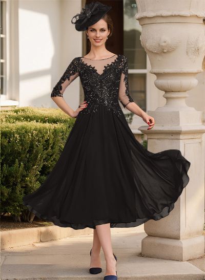 A-Line Illusion Neck Chiffon Mother Of The Bride Dresses With Appliques Lace