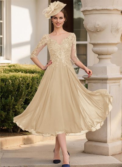 A-Line Illusion Neck Chiffon Mother Of The Bride Dresses With Appliques Lace