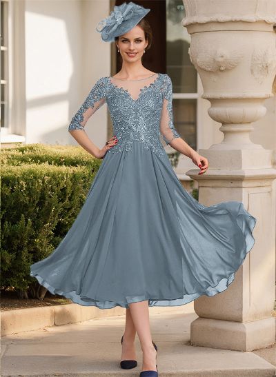 A-Line Illusion Neck Chiffon Mother Of The Bride Dresses With Appliques Lace