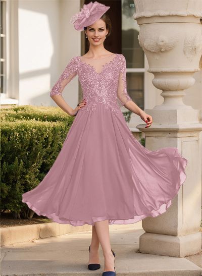 A-Line Illusion Neck Chiffon Mother Of The Bride Dresses With Appliques Lace