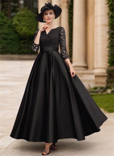 A-Line V-Neck 3/4 Sleeves Floor-Length Satin Mother Of The Bride Dresses