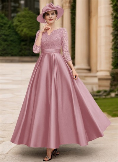 A-Line V-Neck 3/4 Sleeves Floor-Length Satin Mother Of The