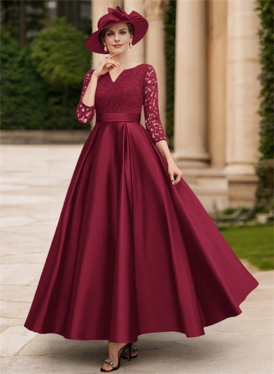 A-Line V-Neck 3/4 Sleeves Floor-Length Satin Mother Of The Bride Dresses