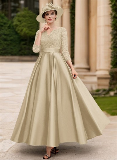 A-Line V-Neck 3/4 Sleeves Floor-Length Satin Mother Of The Bride Dresses